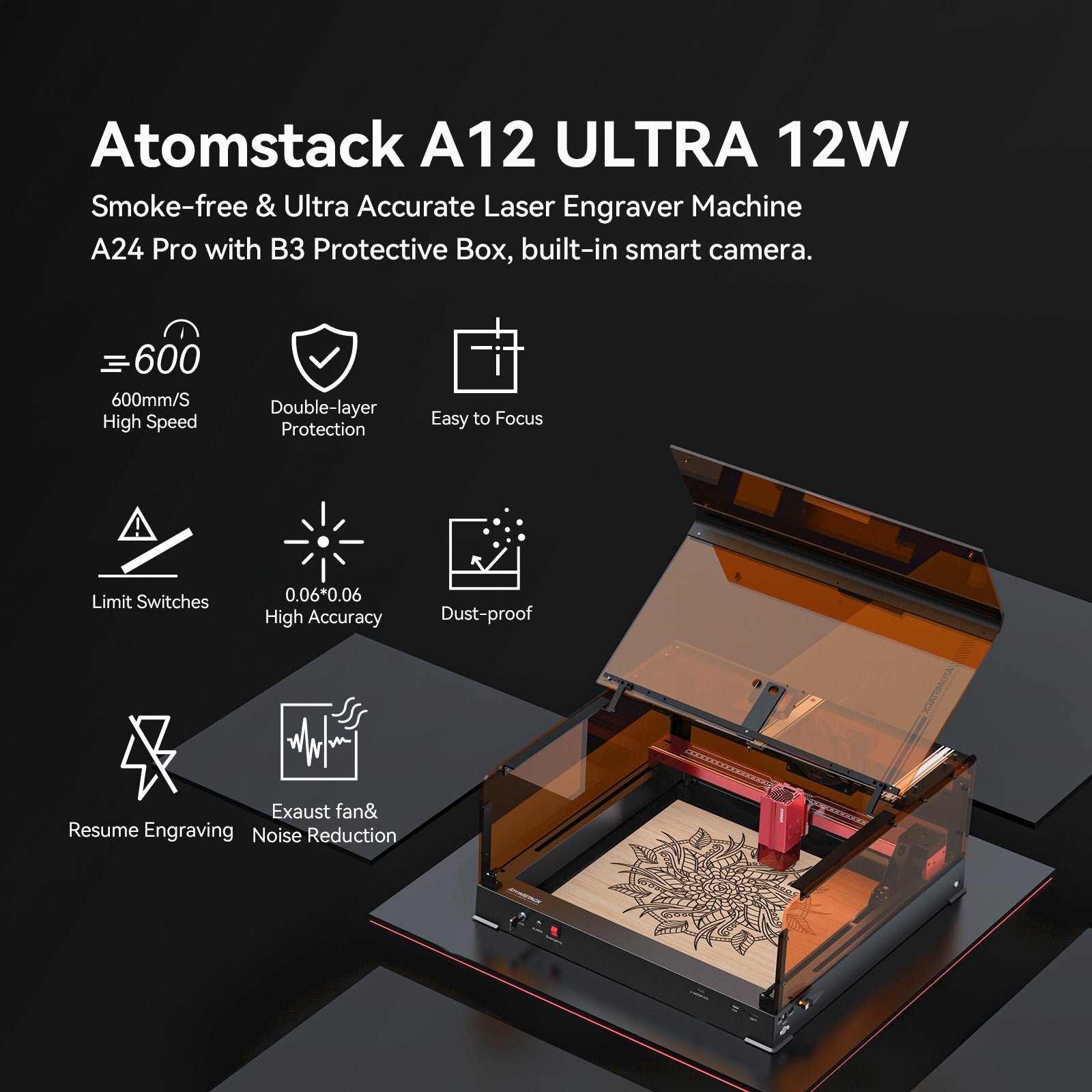 <tc>AtomStack</tc> A12 Ultra Optical Power 24 W Unibody-Rahmen-Lasergravierer 