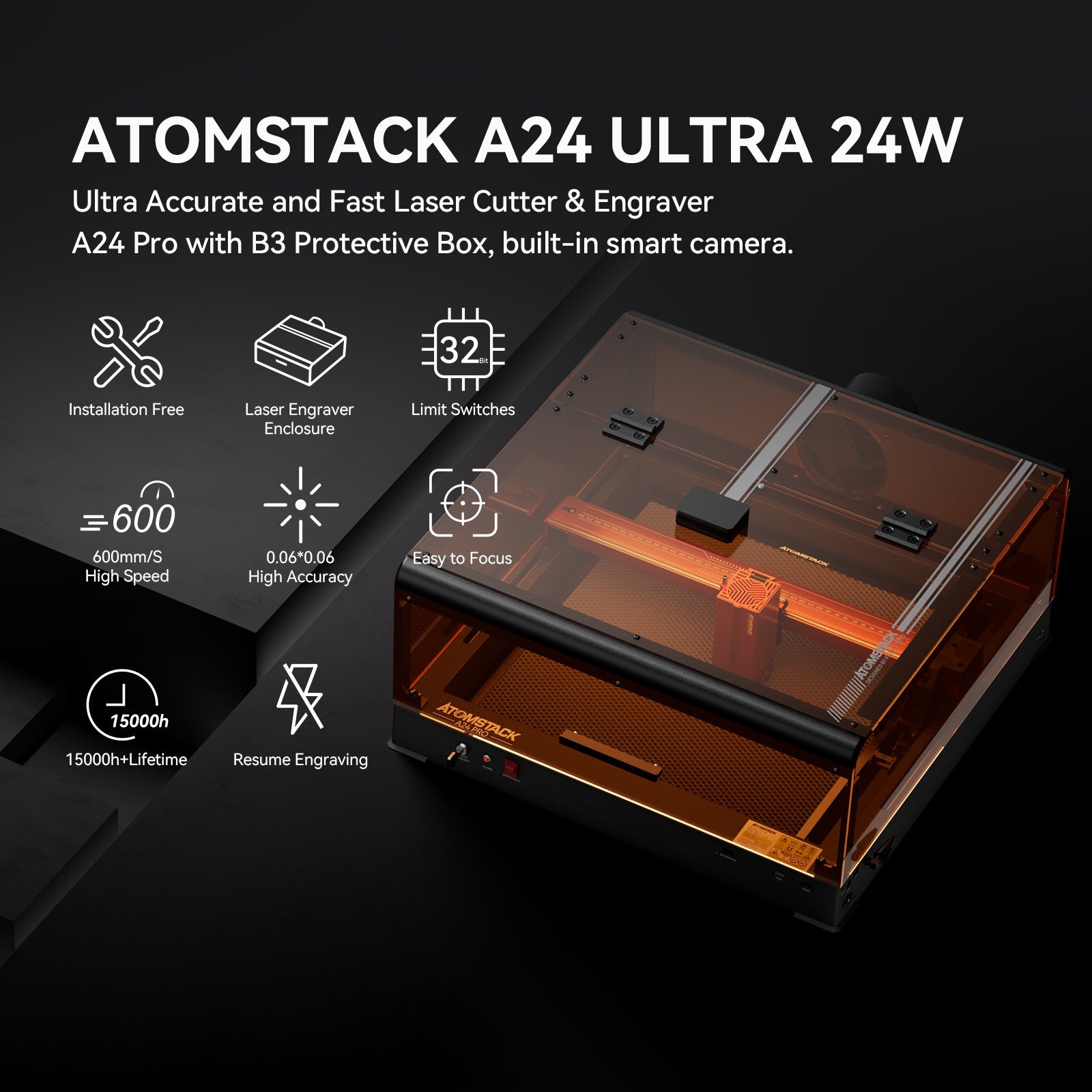 Graveur laser à cadre monocoque <tc>AtomStack</tc> A24/X24 Ultra Optical Power 24 W 