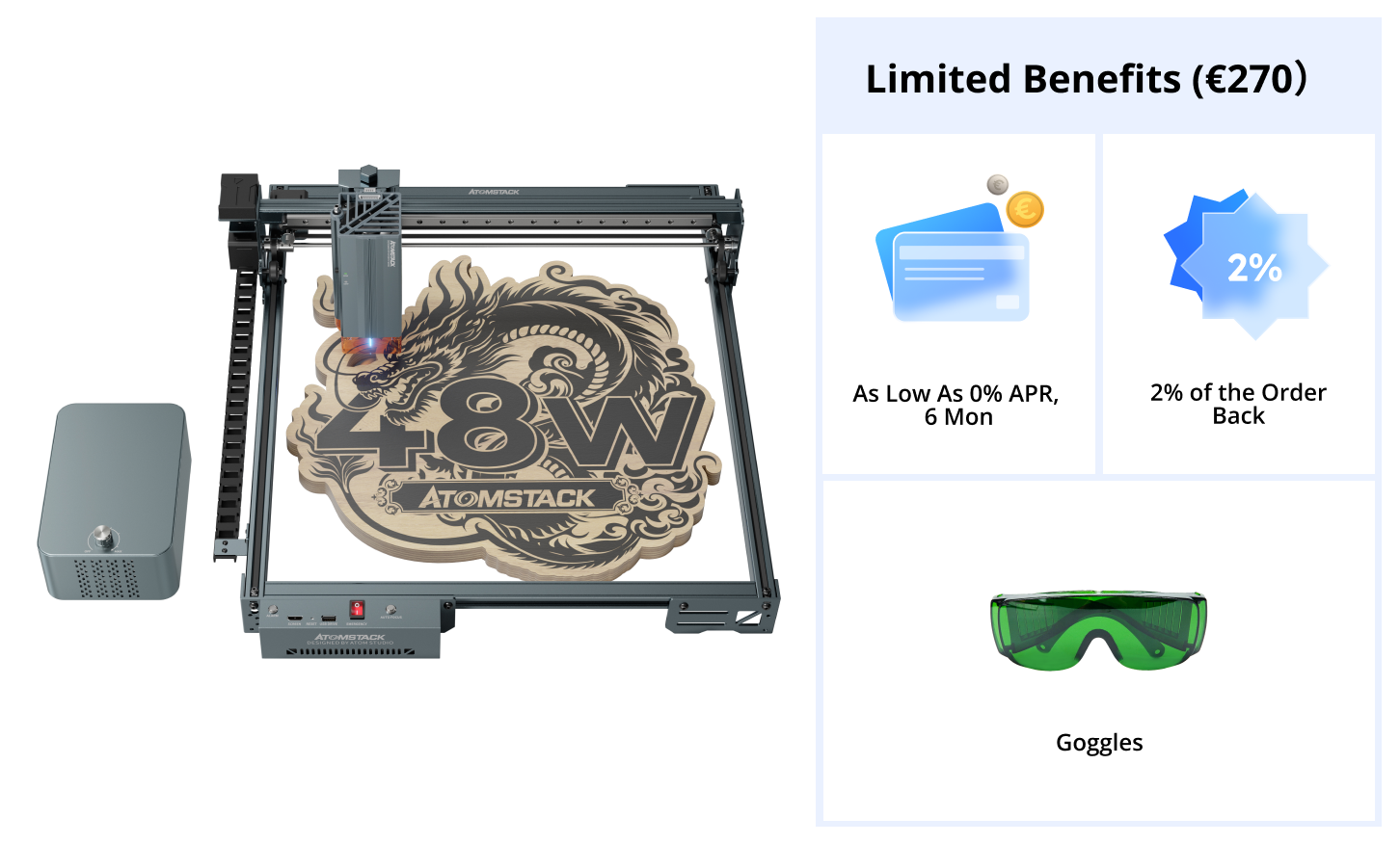 Graveur laser <tc>AtomStack</tc> A40 Pro V2 avec kit d'assistance pneumatique F60 