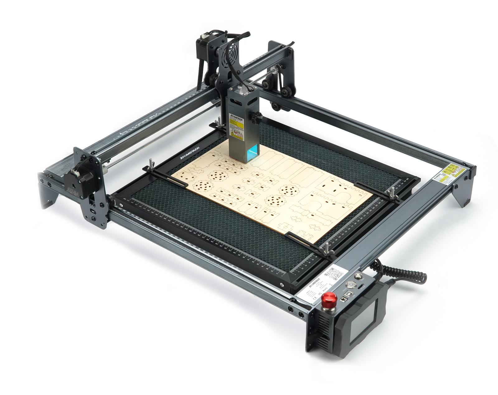 <tc>AtomStack</tc> F2 Lasergravur-Schneideplattform mit Wabenstruktur und Vorrichtungen
